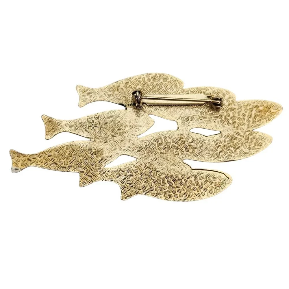 Fish Enterprise Blue Teal Champleve School Of Fish Brooch Pin Signed, J47 - Picture 4 of 6